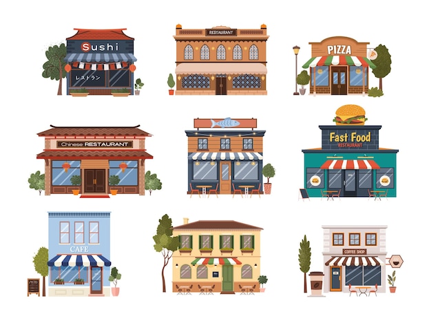 Conjunto de varios íconos de edificios urbanos planos Edificios municipales aislados cafetería cafetería