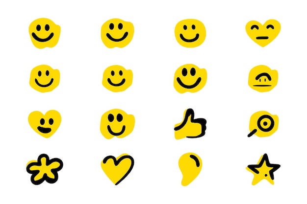Un conjunto de varios iconos emoji dibujados a mano en amarillo delineados con negro