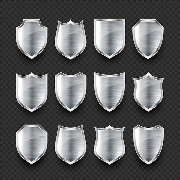 Conjunto de varios iconos de escudo de metal d vintage escudos heráldicos de acero brillante protección negra y