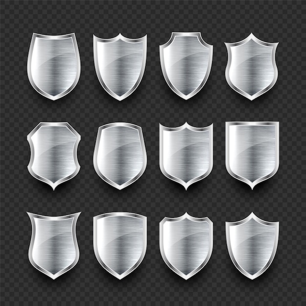 Conjunto de varios iconos de escudo de metal d vintage escudos heráldicos de acero brillante protección negra y