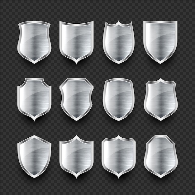 Conjunto de varios iconos de escudo de metal d vintage escudos heráldicos de acero brillante protección negra y