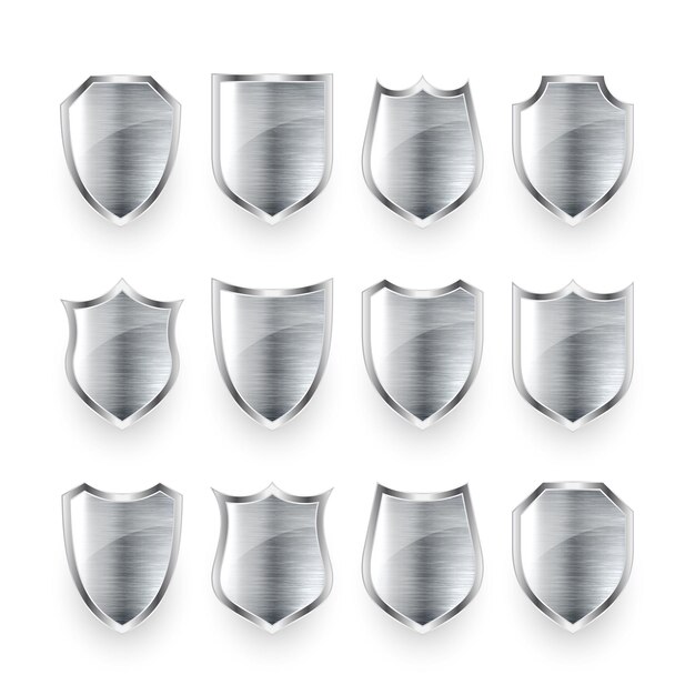 Conjunto de varios iconos de escudo de metal d vintage escudos heráldicos de acero brillante protección negra y
