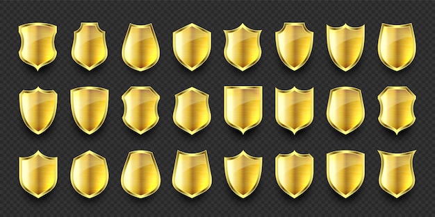 Conjunto de varios iconos de escudo metálico d vintage escudos heráldicos dorados brillantes protección negra y
