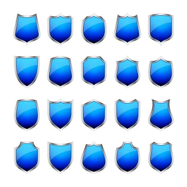 Vector conjunto de varios iconos de escudo vintage d escudos heráldicos negros símbolo de protección y seguridad azul