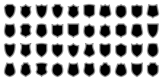 Vector conjunto de varios iconos de escudos antiguos escudos heráldicos con contornos negros etiqueta de símbolo de protección y seguridad ilustración vectorial