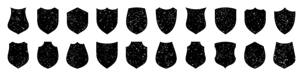Conjunto de varios iconos de escudos antiguos escudos heráldicos negros con protección de textura grunge y