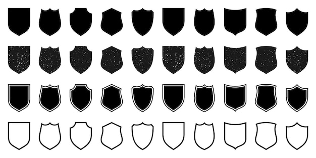 Conjunto de varios iconos de escudos vintage con contornos escudos heráldicos negros con protección de textura grunge