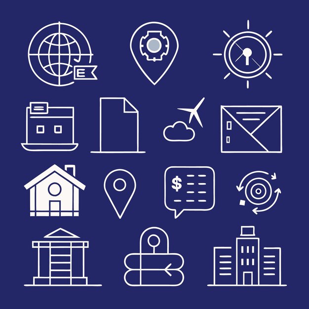 Conjunto de varios iconos relacionados con los negocios y la tecnología, como la ubicación de la red global y el edificio delineado en blanco contra un fondo azul