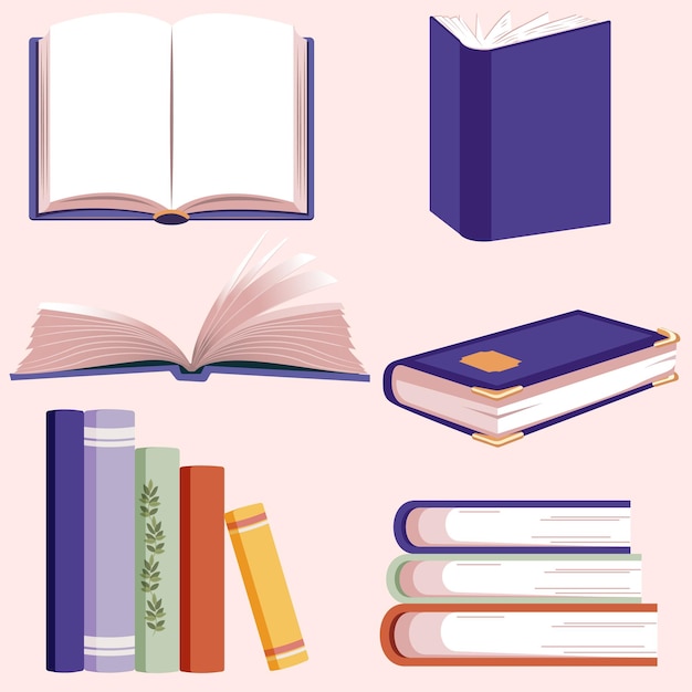 Conjunto de varios libros están abiertos y cerrados en grupos e individualmente Vector illustratio