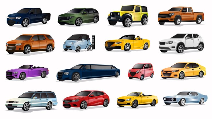 Vector conjunto de varios modelos de automóviles colección de camionetas jeep crossover automóvil eléctrico coupé limusina convertible hatchback furgoneta aislada en fondo blanco ilustración vectorial