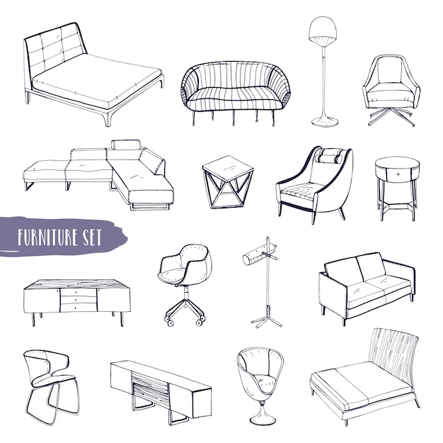 Conjunto de varios muebles. Dibujado a mano diferentes tipos de sofás, sillas y sillones, mesitas de noche, camas, mesas, colección de lámparas. Ilustración de dibujo en blanco y negro