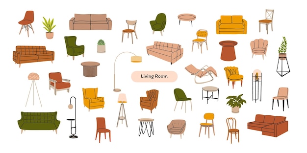 Conjunto de varios muebles de salón coloridos de moda Colección para diseño de interiores y decoración Ilustración de vector dibujado a mano aislado sobre fondo blanco
