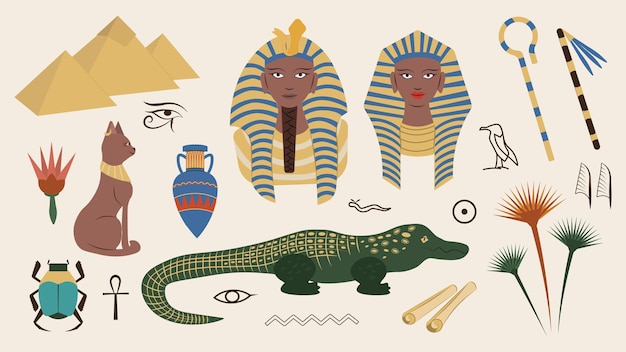 Conjunto de varios objetos relacionados con el Antiguo Egipto Ilustración vectorial