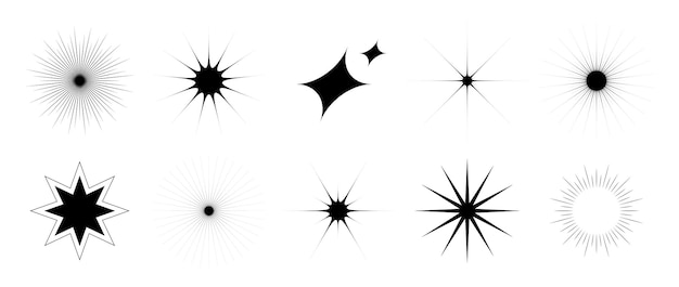 Conjunto de varios parpadeos y centelleos Colección de estrellas retro Paquete de efectos de brillo starburst negro abstracto