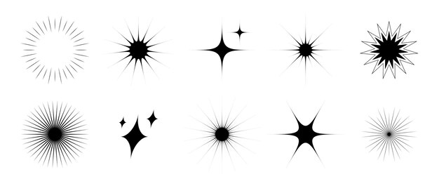Conjunto de varios parpadeos y centelleos Colección de estrellas retro Paquete de efectos de brillo starburst negro abstracto