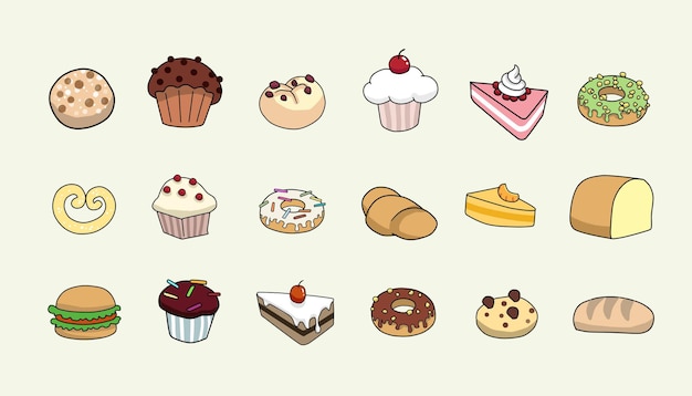 conjunto de varios pasteles y panadería ilustración vectorial libre