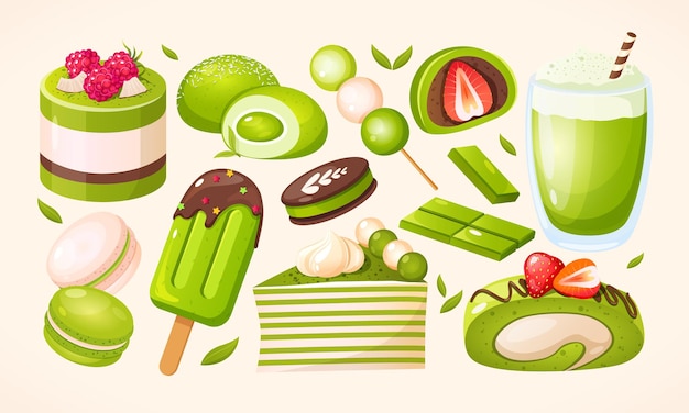 Vector conjunto de varios postres con matcha