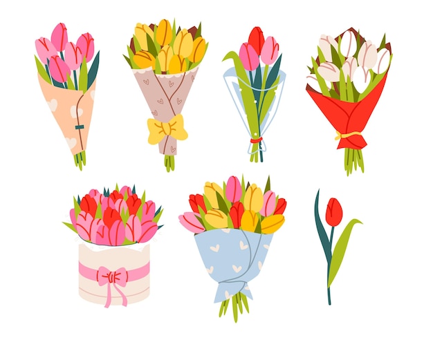 Vector conjunto de varios ramos de tulipanes flores en papel de embalaje plantillas de diseño floral para el día de la mujer