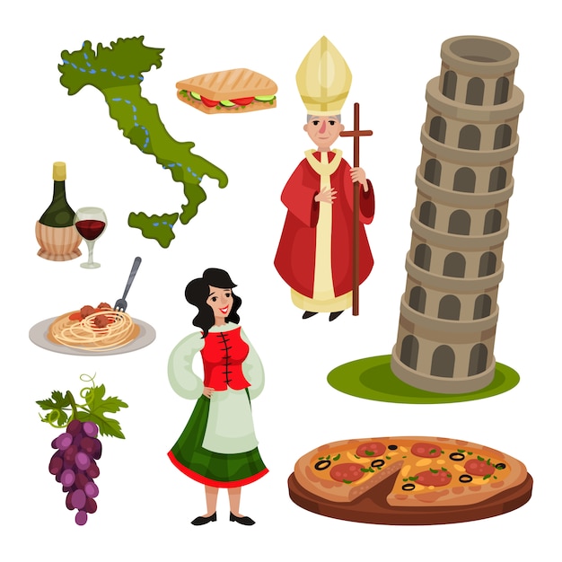 Vector conjunto de varios símbolos de italia. ilustración.