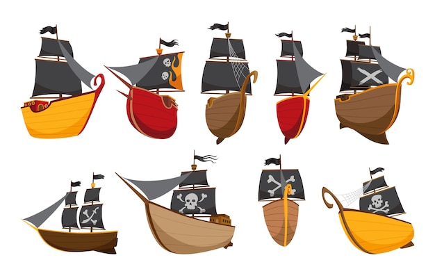 Conjunto de varios tipos estilizados de dibujos animados barcos piratas ilustración con velas negras colección de