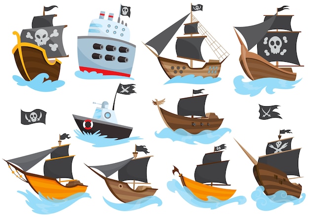 Conjunto de varios tipos de ilustración de barcos piratas de dibujos animados estilizados con velas negras. Galeones con imagen Jolly Roger. Dibujo lindo. Colección de barcos piratas navegando sobre el agua.