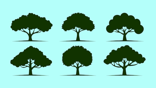 Conjunto de varios vectores de silueta de árboles forestales