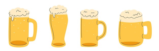 Conjunto de vasos de cerveza dibujados a mano con espuma bebida Doodle estilo de dibujos animados minimalista
