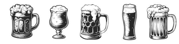 Conjunto, de, vasos de cerveza, taza, vendimia, vector, grabado, ilustración, para, pub, cartel, invitación, menú, bar