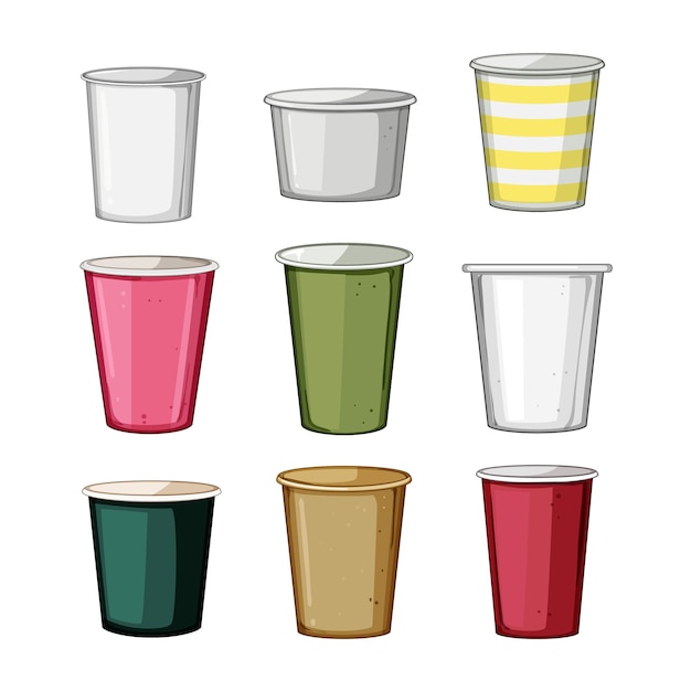 Vector conjunto de vasos de papel dibujos animados plástico caliente cartón en blanco bebida taza vaso de papel signo símbolo aislado ilustración vectorial