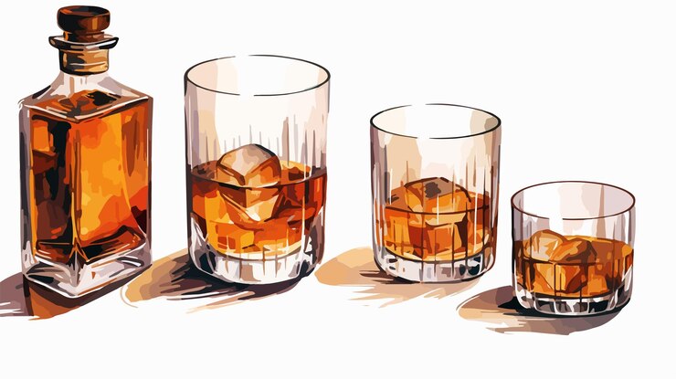 Vector conjunto de vasos con whisky o coñac y una botella de whisky