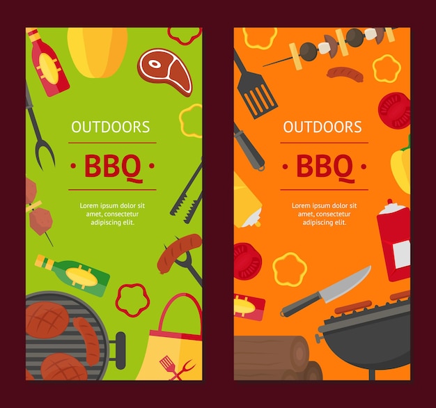 Vector conjunto vecrtical de banner de barbacoa y parrilla para fiesta en casa o restaurante. productos y herramientas de cocina ilustración de vector de estilo de diseño plano