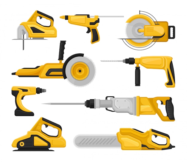 Vector conjunto de vectoe plano de diferentes herramientas eléctricas. sierras eléctricas, lijadoras, taladros de percusión, pistola de pegamento. equipo de construcción