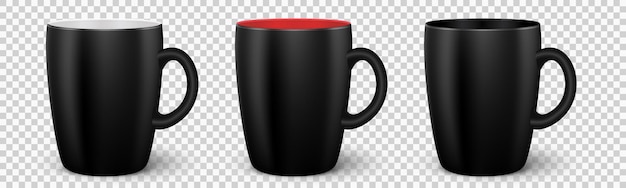 Conjunto de vector 3d tazas negras Tazas vacías realistas con asa para té o café