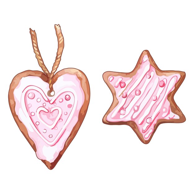 Conjunto de vector aislado de galleta de jengibre de estrella de seis puntas en forma de corazón rosa acuarela