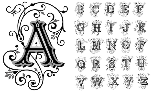 Vector conjunto de vector de alfabeto de fuente decorativa vintage de letras iniciales del alfabeto decorativo dibujado a mano