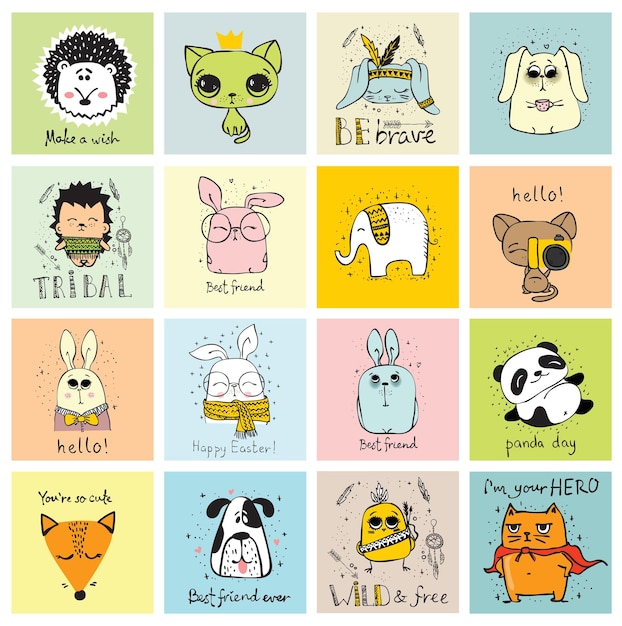 Conjunto de vector de animales hipster lindo doodle. perfecto para el diseño de tarjetas de felicitación, estampados de camisetas y carteles infantiles.