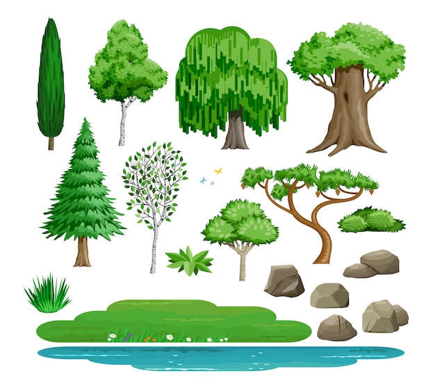 Conjunto de vector árboles arbustos y piedras