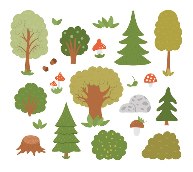 Conjunto de vector de árboles forestales, plantas, arbustos, arbustos, setas aisladas sobre fondo blanco. Ilustración plana del bosque otoñal. Colección de iconos de vegetación natural