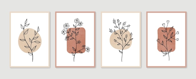 Conjunto de vector de arte de pared botánico. Arte de pared minimalista y natural. Dibujo de follaje boho con forma abstracta