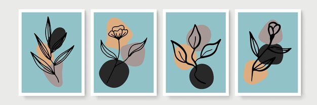 Conjunto de vector de arte de pared botánico. Dibujo de arte de línea de follaje boho de tono tierra con forma abstracta. Diseño de arte abstracto de plantas para impresión, portada, papel tapiz, arte de pared minimalista y natural