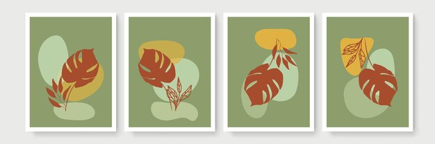 Conjunto de vector de arte de pared botánico. Dibujo de arte de línea de follaje boho de tono tierra con forma abstracta. Diseño de arte abstracto de plantas para impresión, portada, papel tapiz, arte de pared minimalista y natural