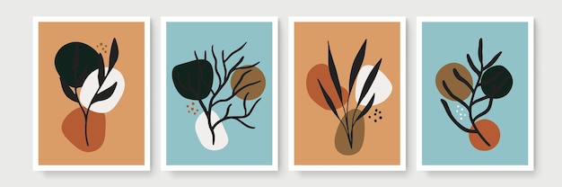 Conjunto de vector de arte de pared botánico. dibujo de arte de línea de follaje boho de tono tierra con forma abstracta. diseño de arte abstracto de plantas para impresión, portada, papel tapiz, arte de pared minimalista y natural