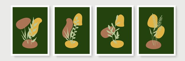 Conjunto de vector de arte de pared botánico. Dibujo de arte de línea de follaje boho de tono tierra con forma abstracta. Diseño de arte abstracto de plantas para impresión, portada, papel tapiz, arte de pared minimalista y natural
