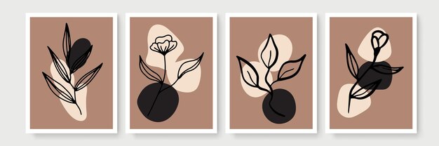 Conjunto de vector de arte de pared botánico. dibujo de arte de línea de follaje boho de tono tierra con forma abstracta. diseño de arte abstracto de plantas para impresión, portada, papel tapiz, arte de pared minimalista y natural