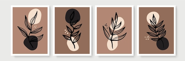 Conjunto de vector de arte de pared botánico. dibujo de arte de línea de follaje boho de tono tierra con forma abstracta. diseño de arte abstracto de plantas para impresión, portada, papel tapiz, arte de pared minimalista y natural