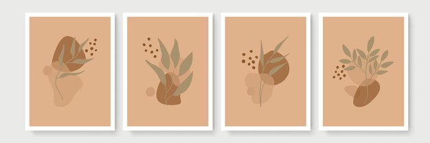 Conjunto de vector de arte de pared botánico. Dibujo de arte de línea de follaje boho de tono tierra con forma abstracta. Diseño de arte abstracto de plantas para impresión, portada, papel tapiz, arte de pared minimalista y natural