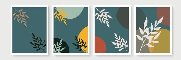 Conjunto de vector de arte de pared botánico. Dibujo de arte de línea de follaje boho de tono tierra con forma abstracta. Diseño de arte abstracto de plantas para impresión, portada, papel tapiz, arte de pared minimalista y natural