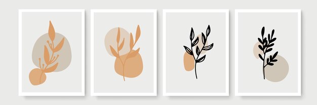 Conjunto de vector de arte de pared botánico. Dibujo de arte de línea de follaje boho de tono tierra con forma abstracta. Diseño de arte abstracto de plantas para impresión, portada, papel tapiz, arte de pared minimalista y natural