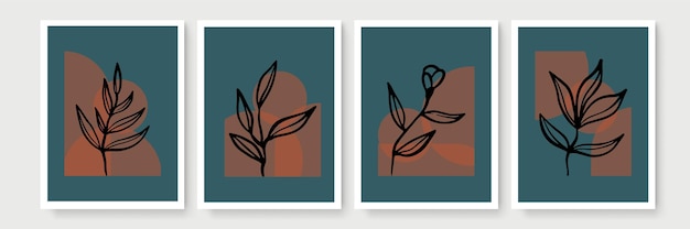 Conjunto de vector de arte de pared botánico. Dibujo de arte de línea de follaje boho de tono tierra con forma abstracta. Diseño de arte abstracto de plantas para impresión, portada, papel tapiz, arte de pared minimalista y natural