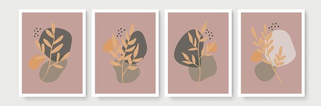 Conjunto de vector de arte de pared botánico. Dibujo de arte de línea de follaje boho de tono tierra con forma abstracta. Diseño de arte abstracto de plantas para impresión, portada, papel tapiz, arte de pared minimalista y natural